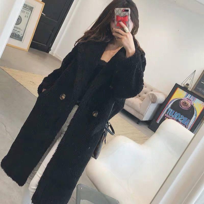 2 New autumn and winter Iceland imitation cashmere long coat teddy bear imitation fur coat women's black peach powder
