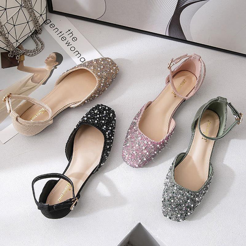 Mode Glitter Kristall Pärlstav Sandaler Kvinna Flats D'orsay Skor Damer Ankelrem Sandaletter Femme Cover Klackar Sandaler Bröllop