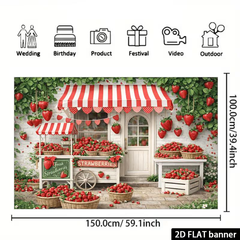 2D Cute Strawberry Market Backdrop, Fresh Fruit Storefront Wall Decor for Home