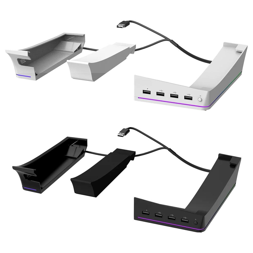 Supporto Orizzontale con Luce LED RGB per Console PS5 Slim, Supporto Accessori con 14 Modalità di Luce e Porte USB a 4 Porte