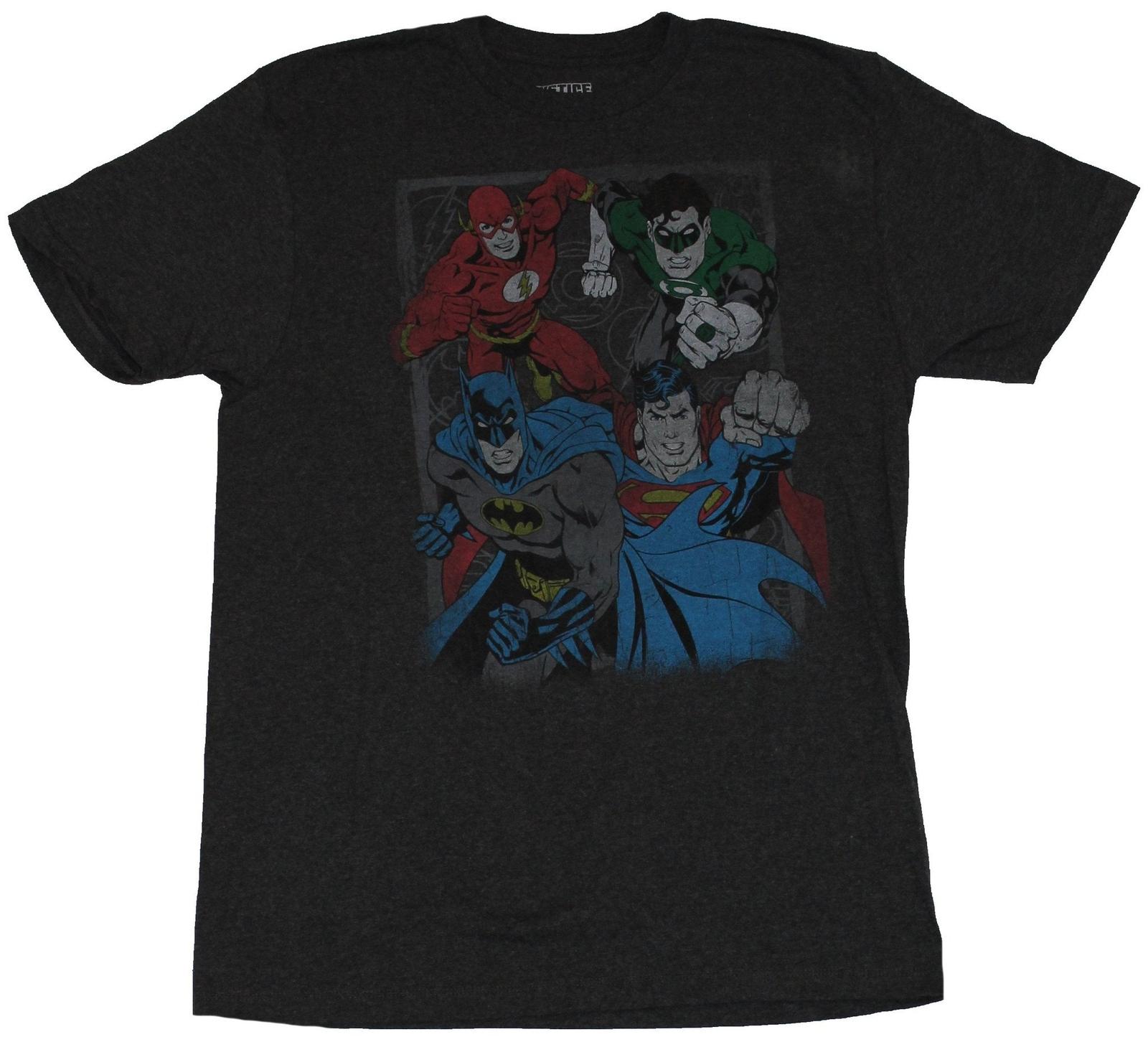 Justice League Mens T-shirt Distressed Boxed Flash Green Lantern Flash Batman L