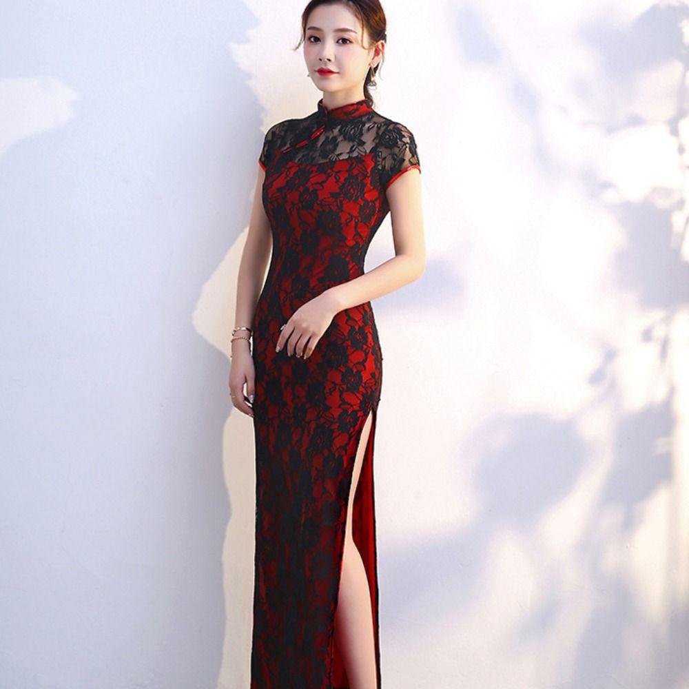 Vintage Chinese Cheongsam Retro Lace Traditional Qipao Lace Vintage Dress Lace Cheongsam  New Year