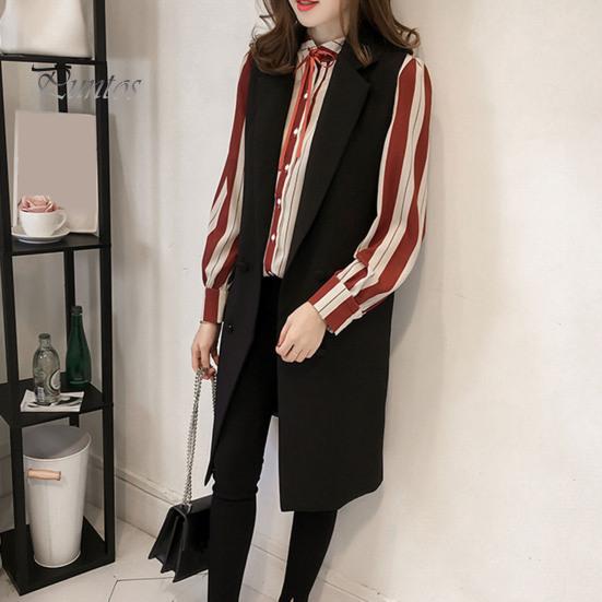 Podzim Jaro Ženy Vesta Stahovací límec Dvouřadý Volný Bez rukávů Délka Kapsy pod kolena Cardigan Jednobarevné Vesta na denní nošení