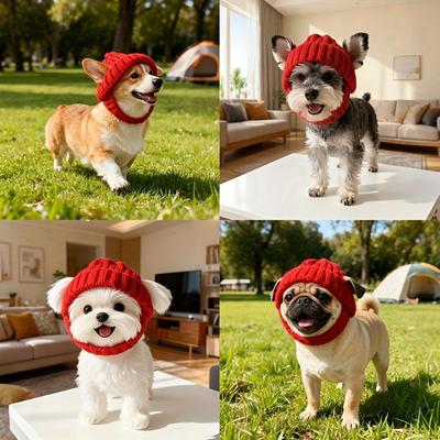 Maltese Dog Beanie Hat, Cozy Soft Knit with Ear Flaps, Cute Playful Dog Design, for Small Dogs, Red & Winter, Indoor/Outdoor Use