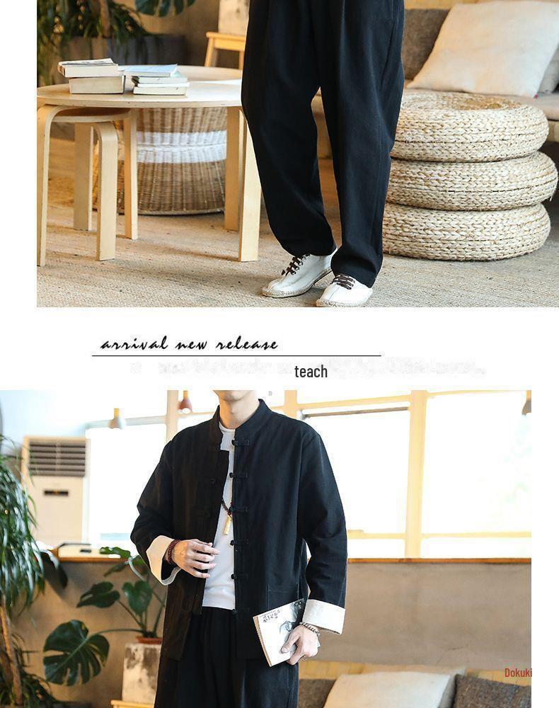 Men's Cotton & Linen Tang Suit: Ancient Style Chinese Meditation & Tea Suit, Zhongshan Hanfu for Spring, Summer, Autumn.