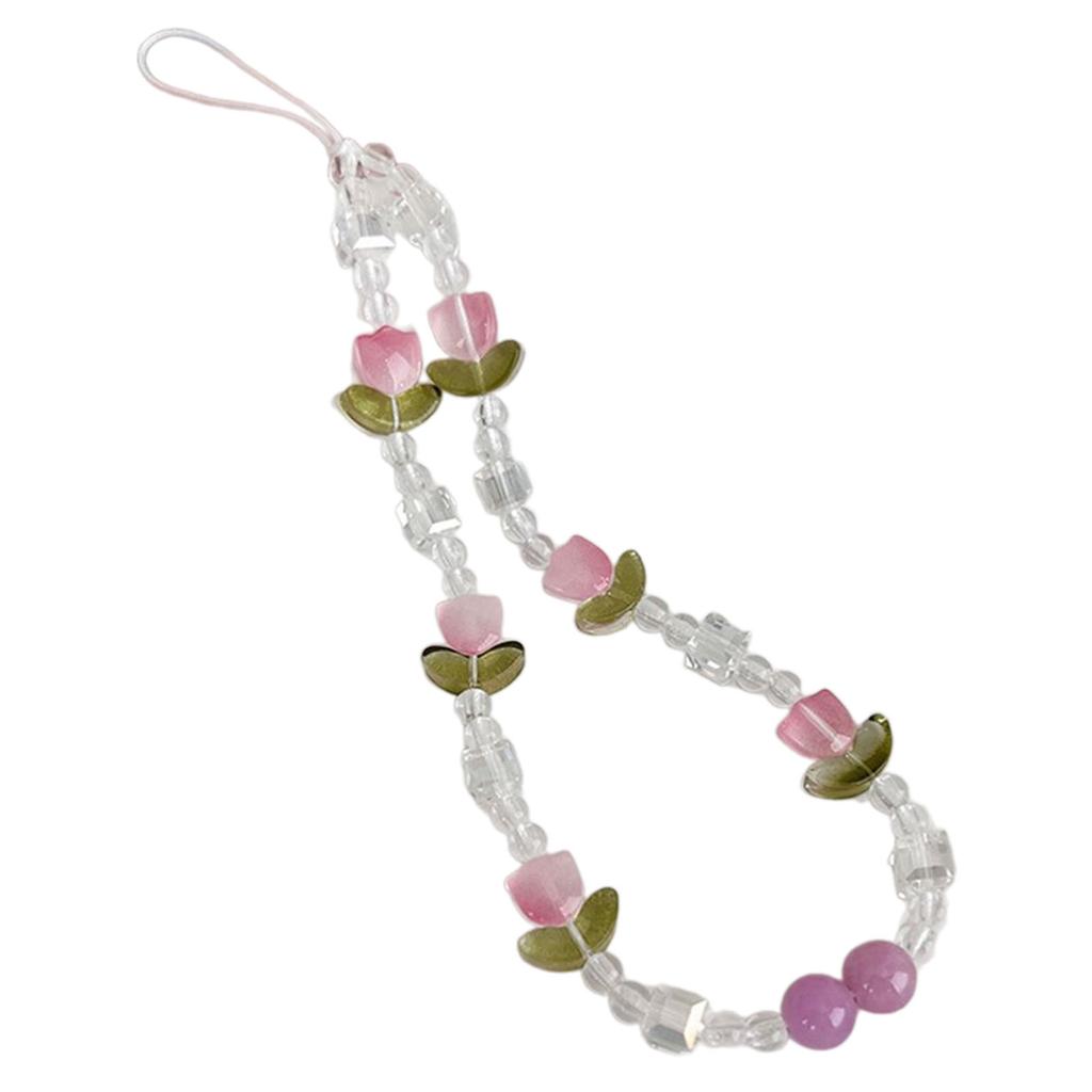 Upgrades Beaded Phone Chain Strap with Pearl & Flower Charms Wrist Keychain Wallent Pendant Comfortable for Women & Girl