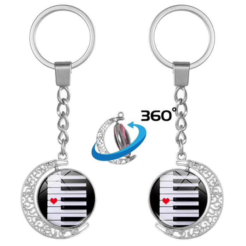 Heart-Shaped Rotating Piano Key Pendant Keychain with Gem and Musical Notes Ornament