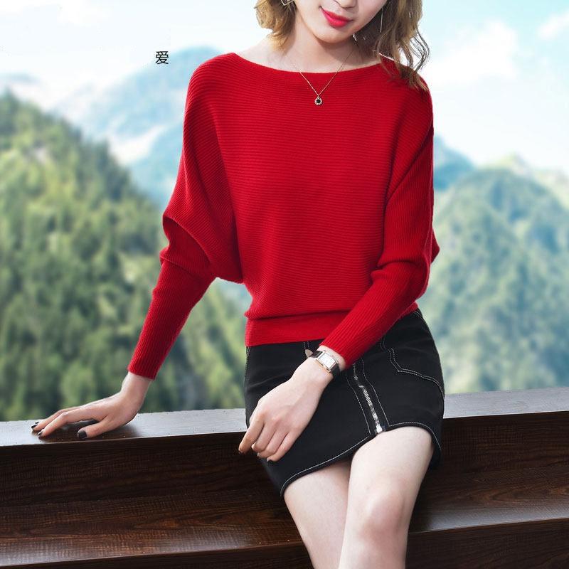 Spring and Autumn Loose One Collar Bat Bat Sweater Women's Bottom Knitted Sweater New Long Sleeve Solid Color Top