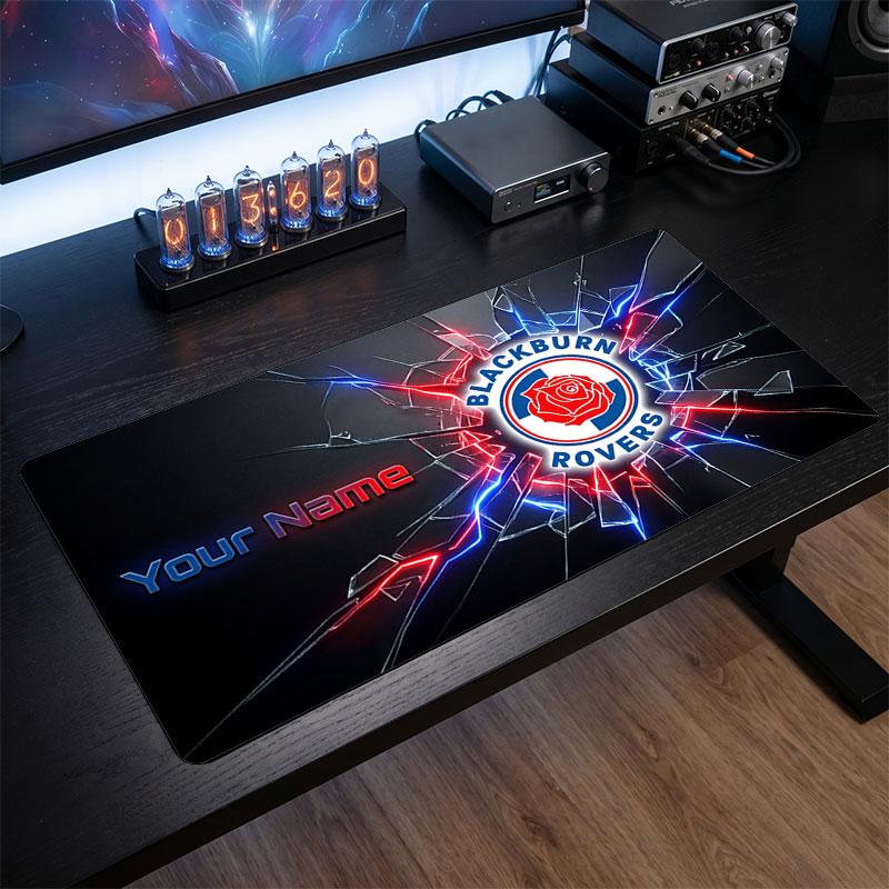 Blackburn Rovers FC Custom Large Mouse Pad, Personalized Name Text Print, Football Logo Non‑Slip Desk Mat Gaming Gift