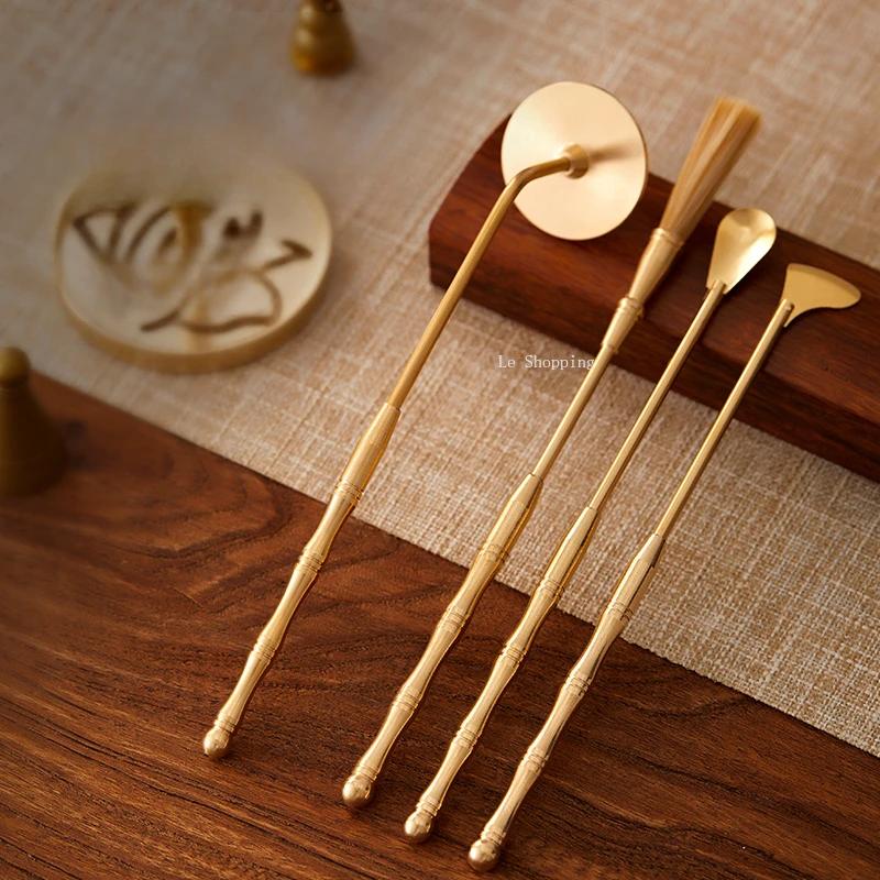 Brass Incense Lore Set /Lotus Seal Model Incense Spoon Broom Sandalwood Agilawood Powder Censer Study Tea Room Incense Tools