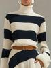 Elegant Navy Blue & White Striped Long Sleeve Dress
