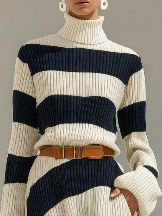 Elegant Navy Blue & White Striped Long Sleeve Dress