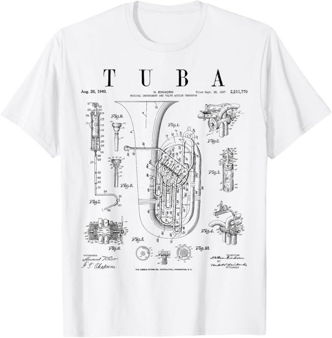 Tuba Vintage Patent Tubaist Tubist Drawing Print T-Shirt S разноцветный