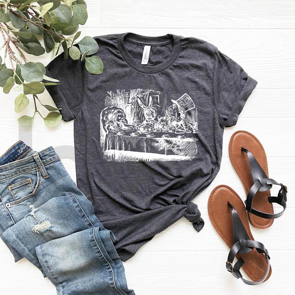 Alice Wonderland T Shirt Mad Hatter Vintage Illustration Tee Cute Trendy Unbirthday Party Shirt Mom Shirt Aunt Tee Casual Tops