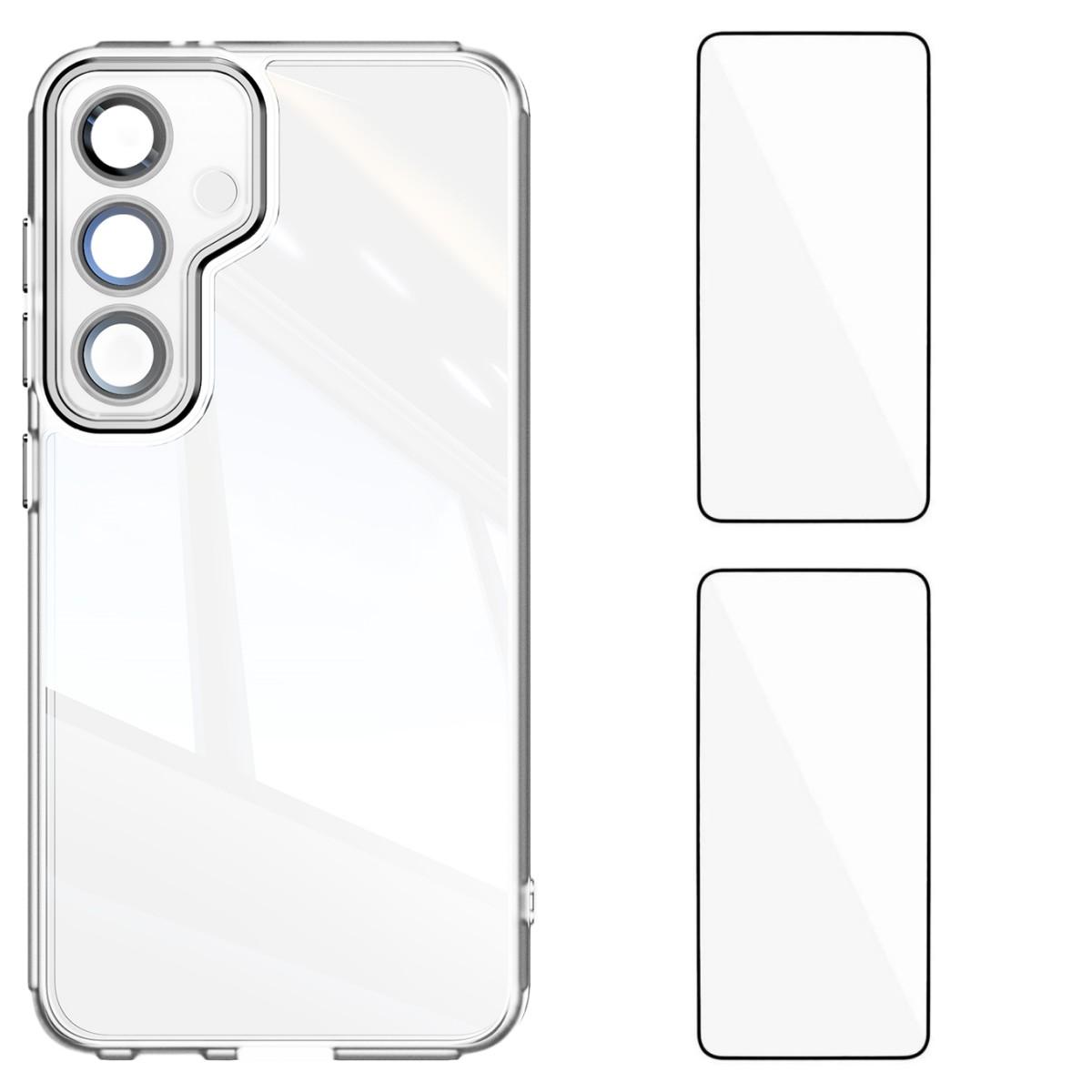 

For Samsung Galaxy S24+ TPU Case WANLONFENG Drop-proof Clear Phone Cover with 2Pcs Tempered Glass Film Transparent