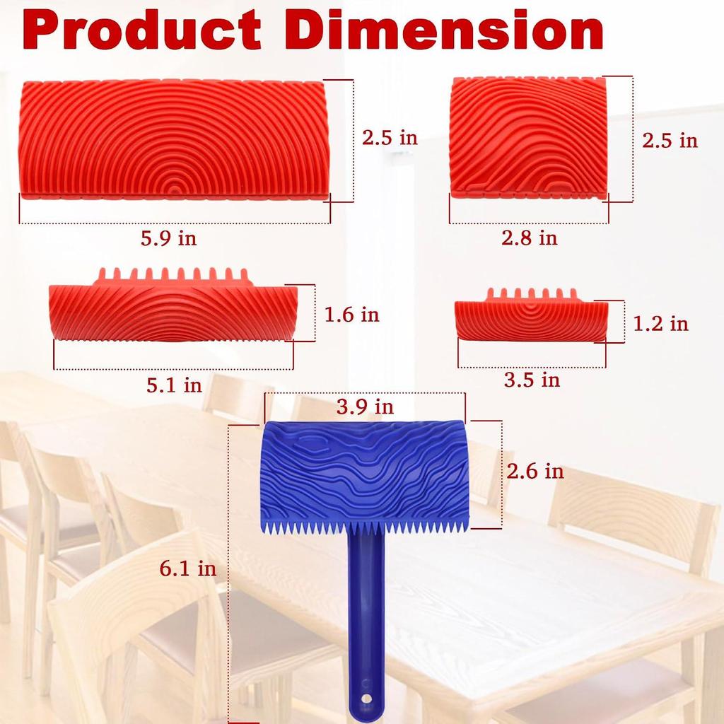 Rubber Wood Grain Roller & Sheet Art Tool Set - 3" & 6" for Paint Texture Coating