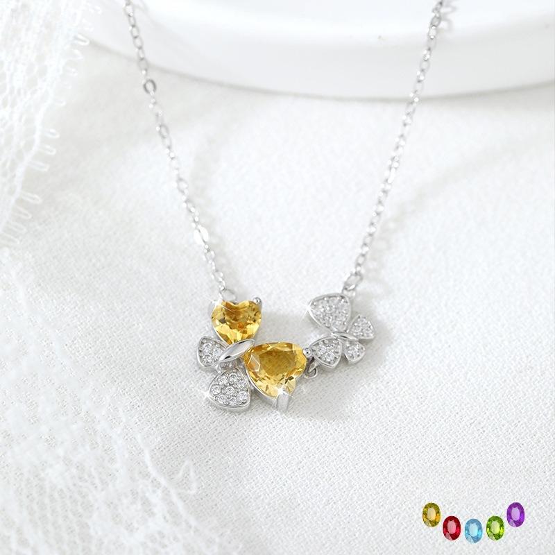 Natural Colored Gemstone Pendant S925 Sterling Silver Non-Fading Necklace Women's Butterfly Design Collarbone Chain