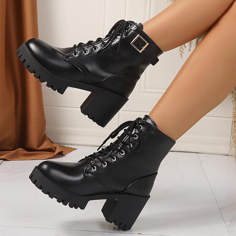 Fashion Women's Fashion Chunky Heel Ankle Boots with Belt Buckle Black PU Leather High Heeled Platform Booties Woman Autumn Winter Shoes