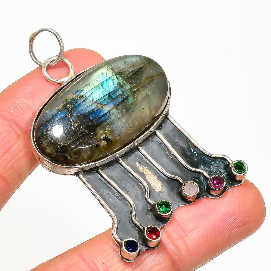 

Natural Labradorite, Diopside 925 Sterling Silver Jewelry Pendant 2.36 AP-14093