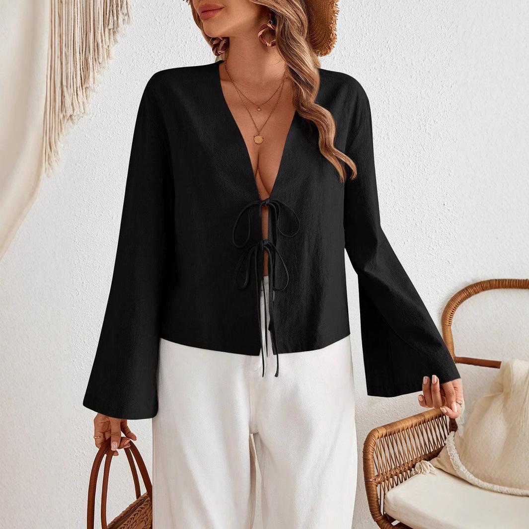 

Women s Long Sleeve Tie-Up Hollow-Out Shirt, Cardigan, Casual Stylish Top S чорний