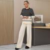 Otoño Invierno Mujer Casual Rayado Punto Suéter Pantalón Conjunto de Dos Piezas Manga Larga Jersey Tops y Pantalón de Pierna Ancha Chándal