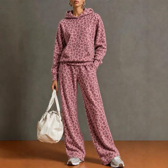Comfortable Women Tracksuit Leopard Print Hoodie & Pants, Hooded Sweatshirt with Kangaroo Pocket, Casual Retro Outfits Wide Leg Loose Two Piece Lounge