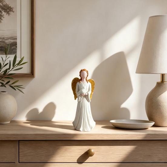 yangyizhi Angel Figurine, Resin Gold Wing Statue, White Skirt Faceless Holding Pigeon, Hand-Painted Home Decor
