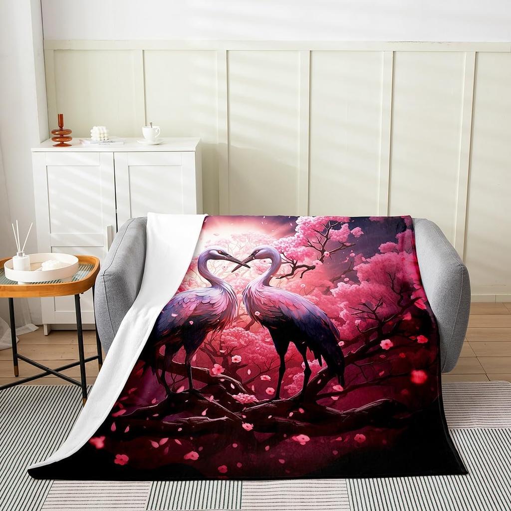 Japanese Style Blanket White Black Crane Throw Blanket Cherry Blossoms Fleece Twin Geometric Plaid Fuzzy Blanket All