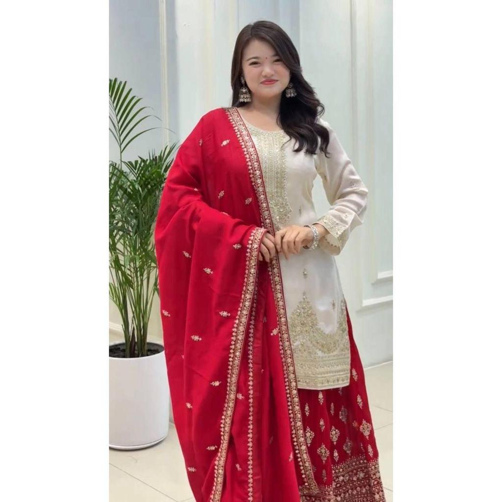 Launching New  Đěsigner Party Wear Look Pur Chinon Silk Top Plazzo & Dupatta Set
