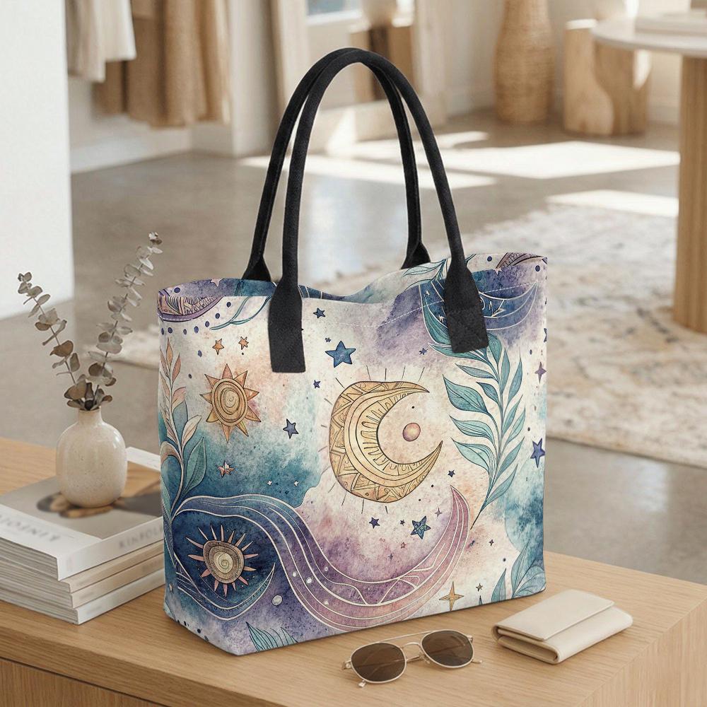 Boho Sun Moon Print Tote Bag Casual Large Capacity Shoulder Handbag for Daily Use