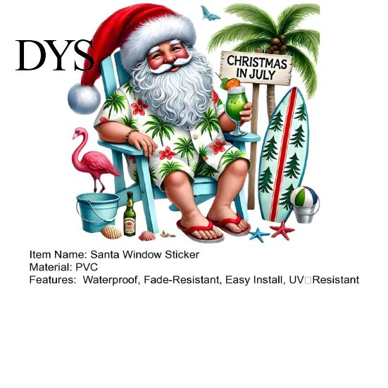 Outdoor Holiday Store Window Art Summer Christmas Static Cling, Beach Santa Claus Glass Sticker, Large Floor to Ceiling Decor Waterproof PVC