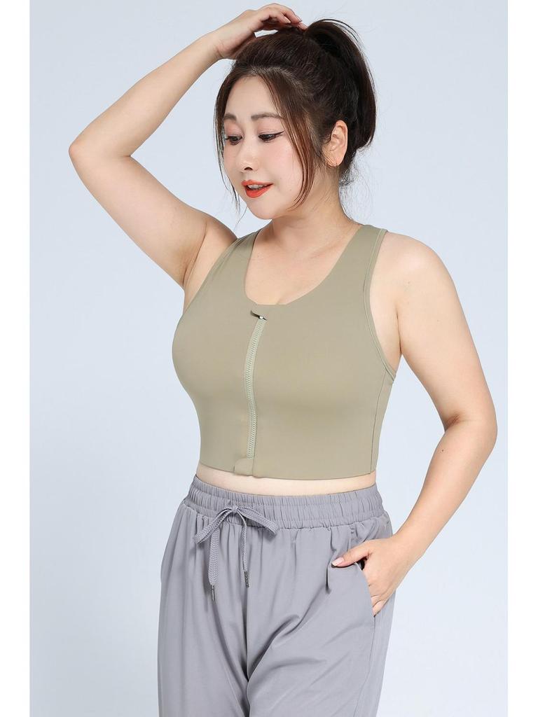 High Waist Tummy Control Sports Bra with Front Zipper, Longline Design, Full Coverage, High Impact Support, and Adjustable Straps.