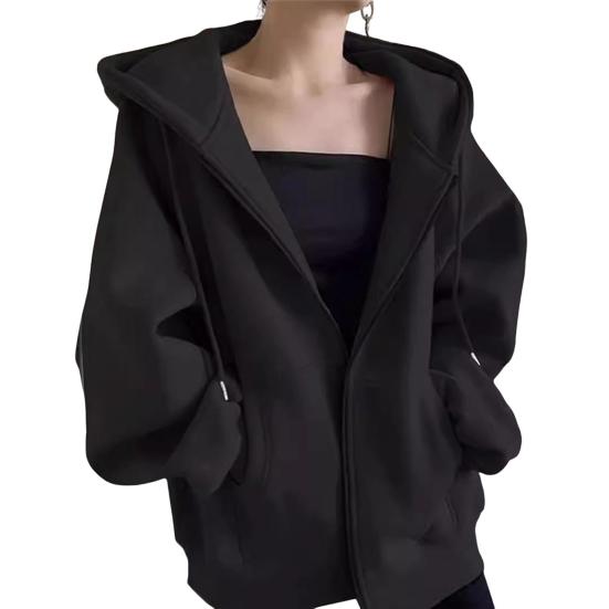 Осень-весна Женское пальто с капюшоном завязками на шнурке длинными рукавами карманами застежкой-молнией эластичными манжетами свободным низом спортивная толстовка с капюшоном повседневная куртка для повседневной носки XXXL чёрный 3780₽