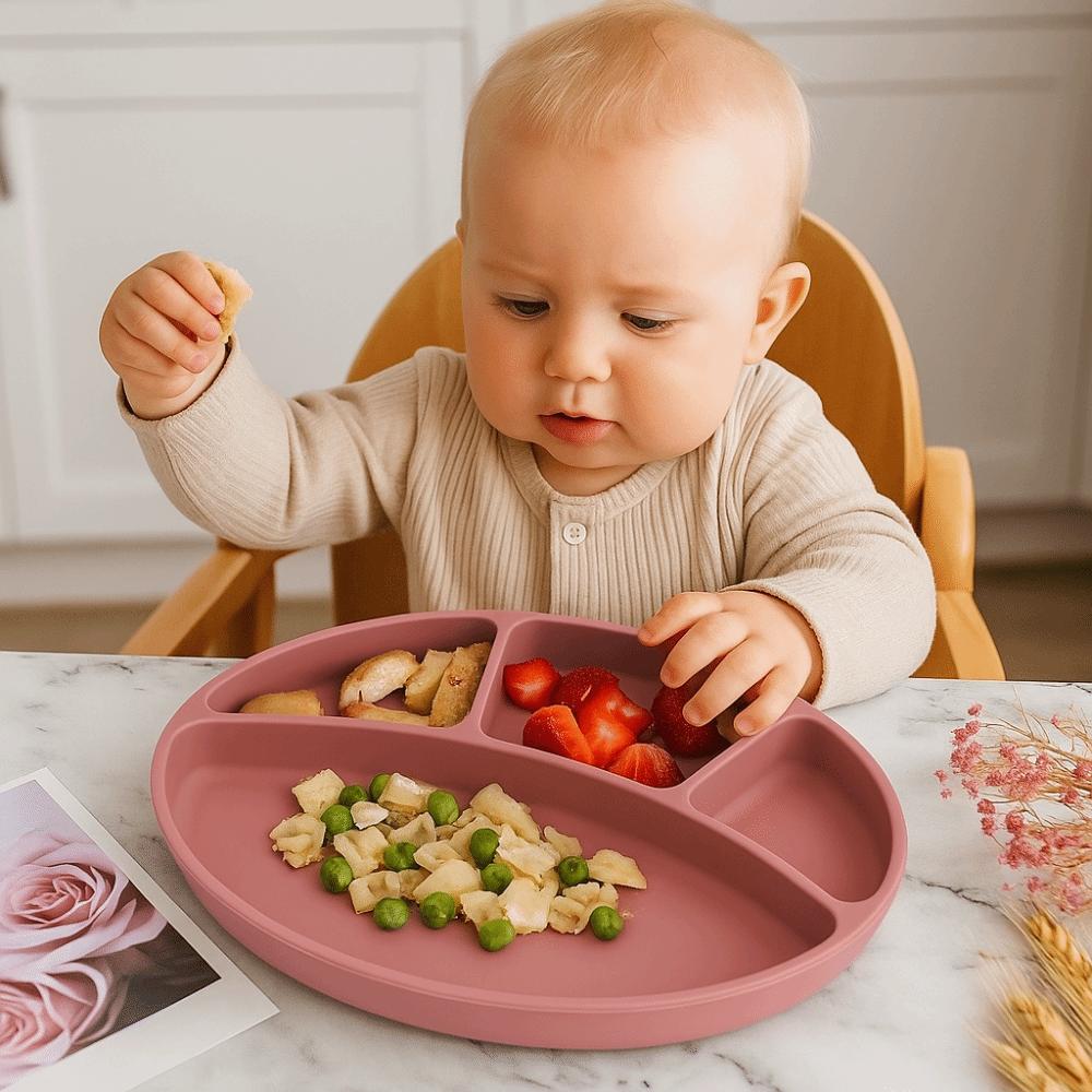 Rutschfester Silikon-Teller mit Fächern BPA-frei Kinder Fütterungsteller Saugfuß Speiseteller Babyfütterung