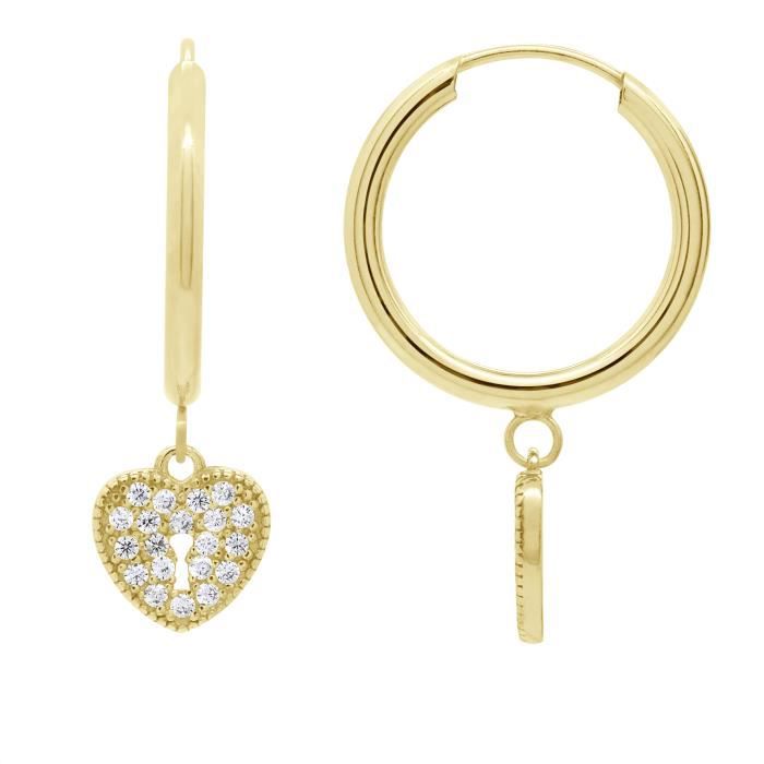 Boucles d'Oreilles Pendantes - Cadenas en Cœur Sertis d'Oxydes de Zirconium - Or Jaune