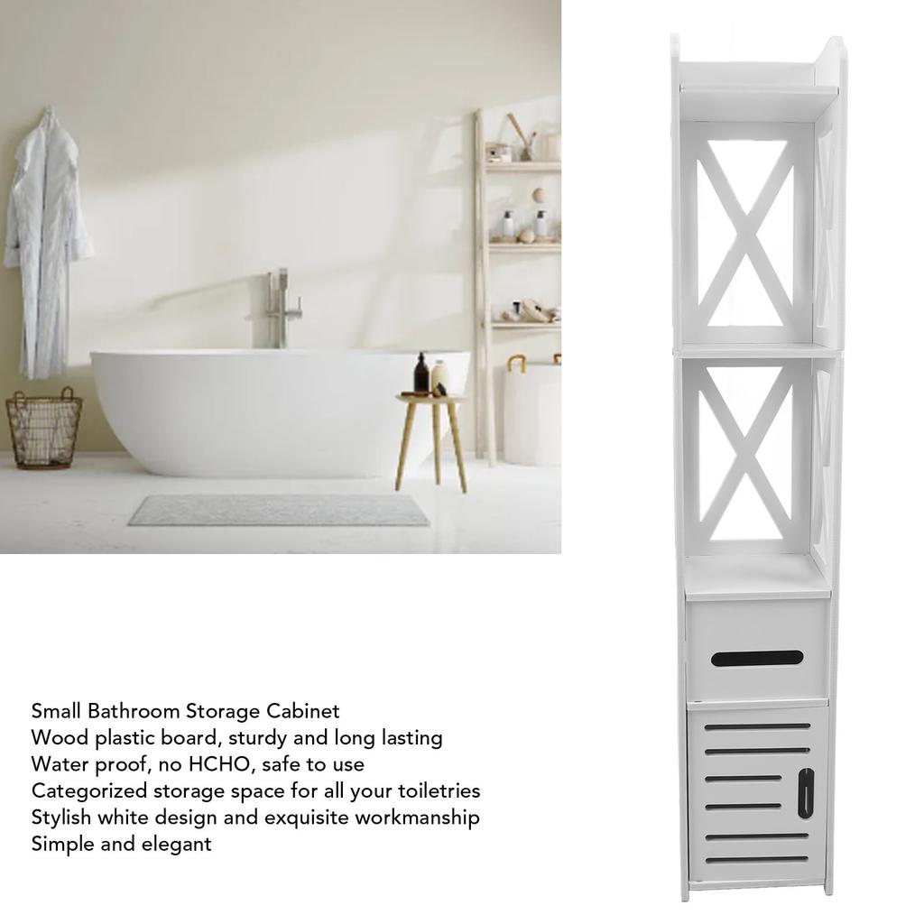 Small Bathroom Storage Cabinet Narrow Corner Slim Toilet Paper Shelves with Drawer Door Small Bathroom Corner Storage Cabinet