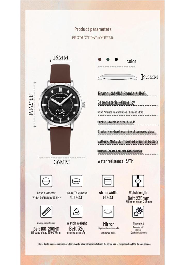 Sanda Women's Fashionable Leather & Silicone Strap Quartz Watch with Luminous Stopwatch