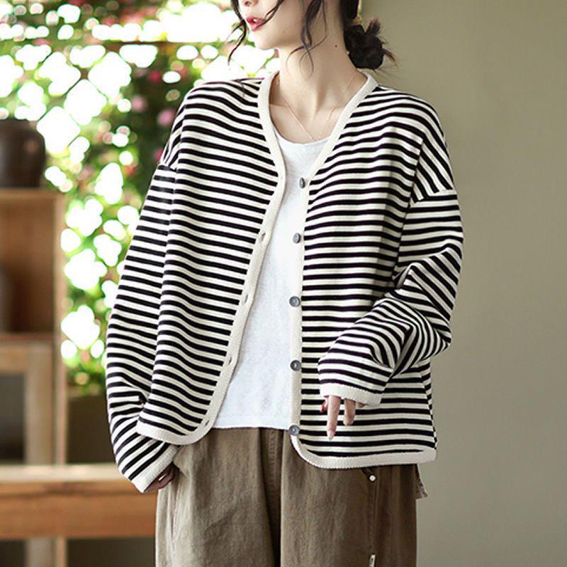 Spring Striped Webbing-Edged Single-Breasted Long Sleeve Women's Jacket Cardigan