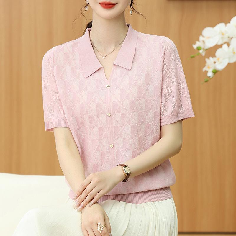 

Летний топ из прохладного трикотажа «ледяной шелк» с коротким рукавом для женщин среднего и пожилого возраста L (95-115 Jin) розовый