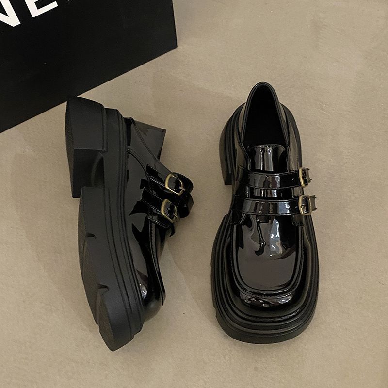 Black platform heightening leather shoes women's autumn and winter new retro British style JK versatile loafer single shoes