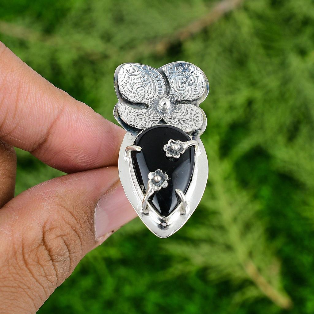Oval Black Onyx Gemstone 925 Sterling Silver Flower Stackable Boho Ring Jewelry