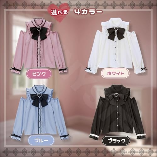 SUNNYSTEP Women's Lolita Top, Long Sleeves, Heart Print, Off-the-Shoulder, Ribbon, Sickly Cute, Pink, Black, White, Bow Tie, Lace, Ruffles, Mass-Produ