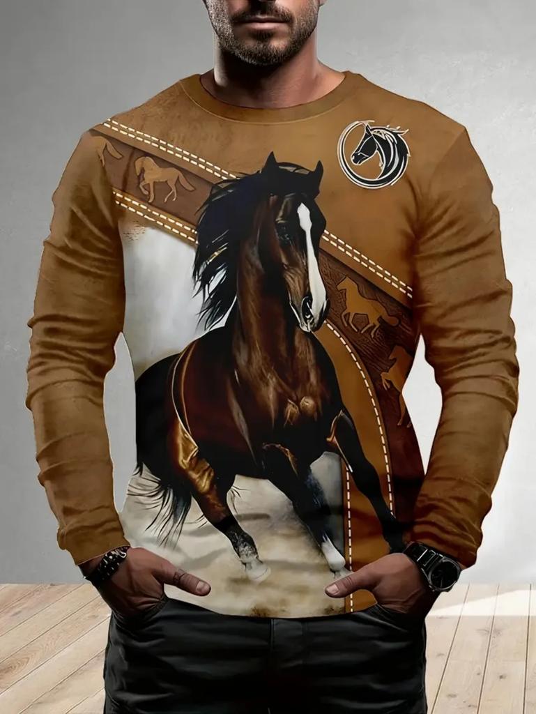 Men's T-Shirt Running Horse Graphic 3D Print Fashion Long Sleeve Crew Neck Unisex Tee Shirt Casual Summer Personality Men's Top