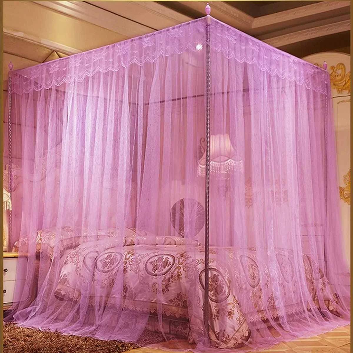 

Four Corner Mosquito Net For Double Bed Mosquito Repellent Tent Insect Reject Canopy Bed Curtain Elegant Canopy Mosquito Netting фиолетовый