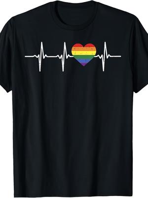 Heartbeat Rainbow Heart Gay LGBT Pride Medical Nurse Gift TShirtRetro Casual Short-sleeved T-shirt with a Round Neck and