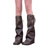 Square head inner height-increasing boots for women, thin large tube circumference folds, stacked pants tube boots, but knee-high knight boots