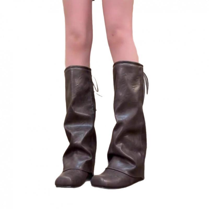 Square head inner height-increasing boots for women, thin large tube circumference folds, stacked pants tube boots, but knee-high knight boots