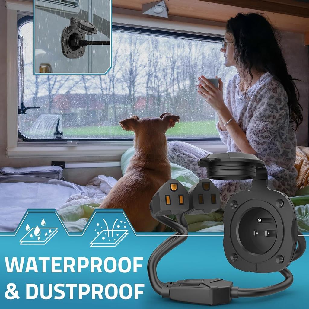 PAULINN 15 Amp 125V AC Stromanschlussbuchse mit integriertem doppeltem 18-Zoll-Verlängerungskabel, NEMA 5-15 Wohnmobil-Flanschanschluss Y-Splitterkabel mit wasserdichtem und rückseitigem