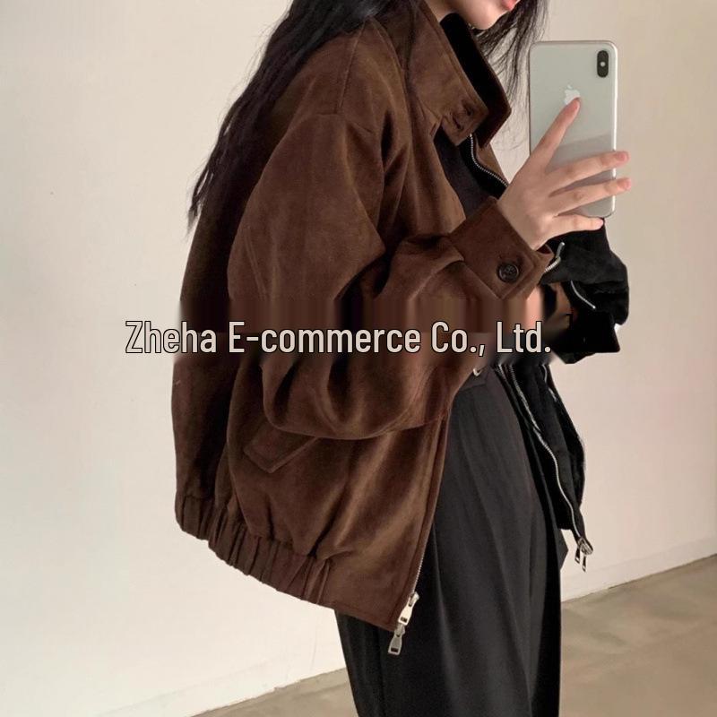 Women's Retro Faux Suede Jacket - Slim Fit, Loose, Short Top for Spring & Autumn