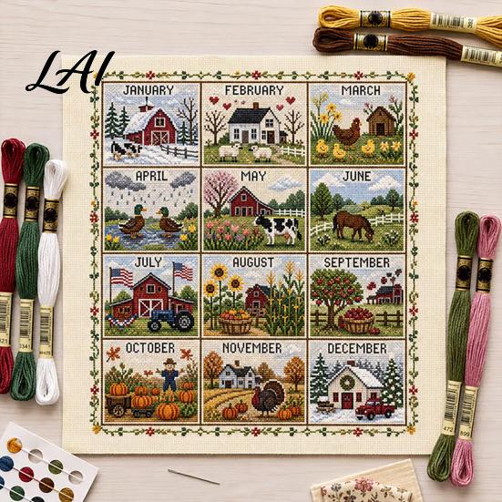 Farmhouse Style Embroidery Decor 12-Month Cross Stitch Kit DIY Four Seasons Seasonal Gift Idea for Enthusiasts Stamped Stitching Craft Set Beginners,